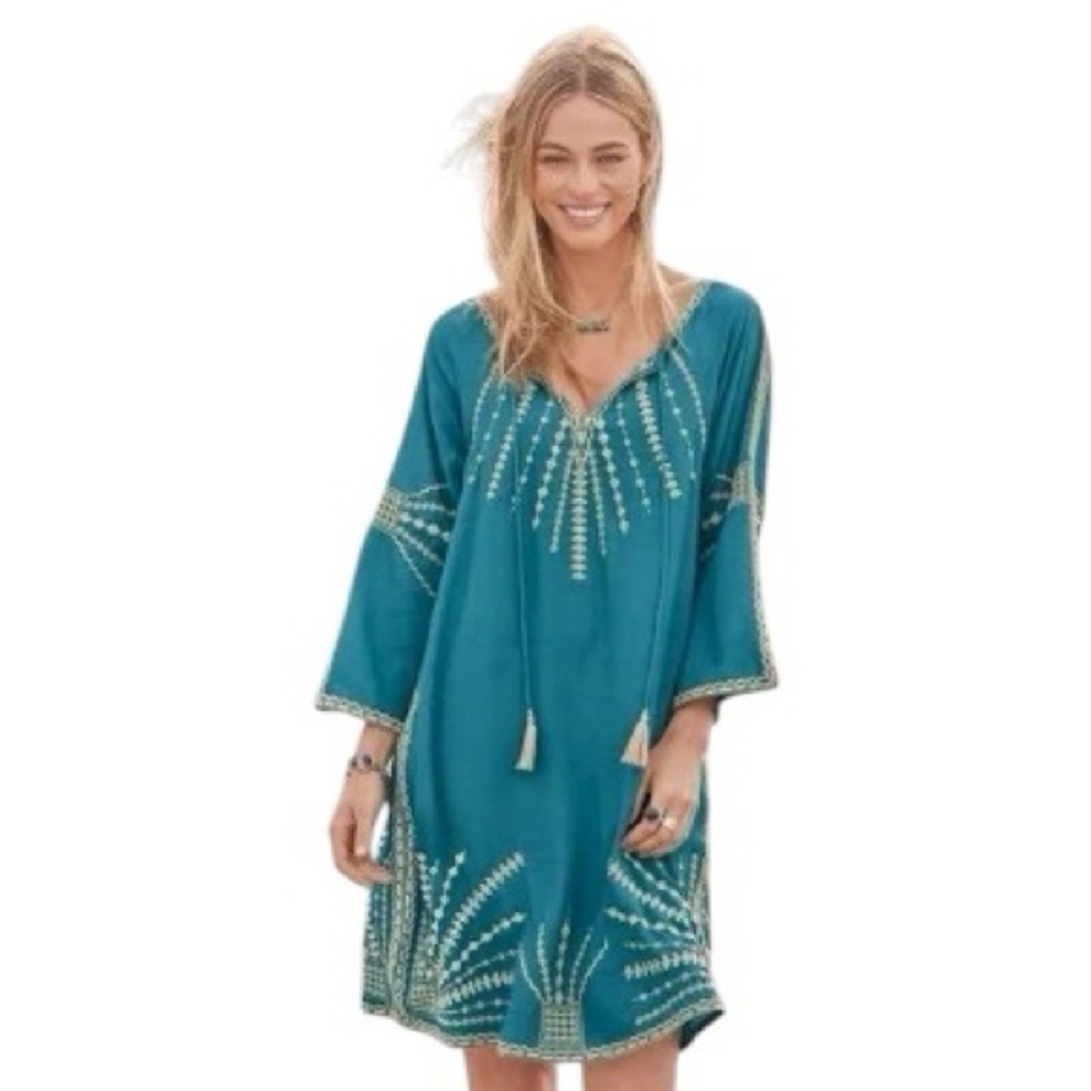 Sundance Catalog Tolani Turquoise Taupe Embroidery Kezia Tunic Dress M